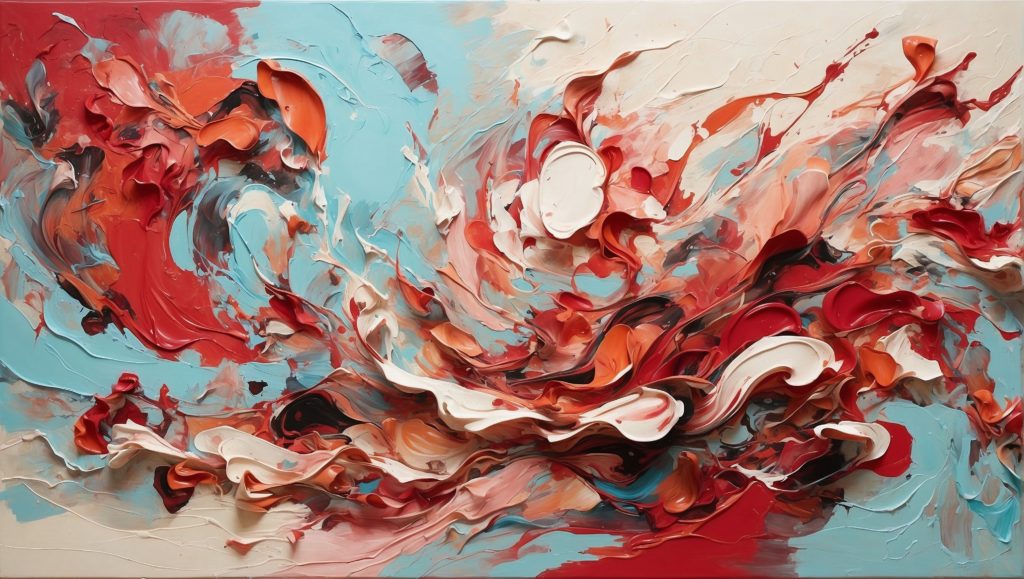 An abstract artwork, completed by AI, done in the style of heavy appliqué oil, intending to showcase the feeling of "restlessness".  Deep reds swirl among stained white and light blue, evoking a sense of motion and chaos, with hope.