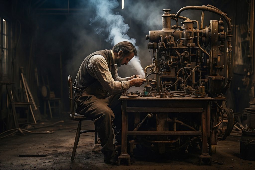 An AI -generated image of a man in a dusty workshop, bent over a malfunctioning steam-punk machine, attempting to repair it as steam gushes from one of many valves. This image is attempting to portray the concept of "creative vapor lock" that occurs as a result of forced daily creation.