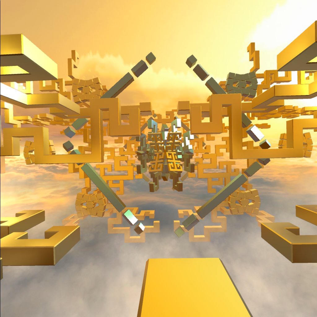 Tripp Complex golden fractal structures floating amidst clouds under a warm, glowing sky, evoking a sense of calm for a virtual meditation experience.