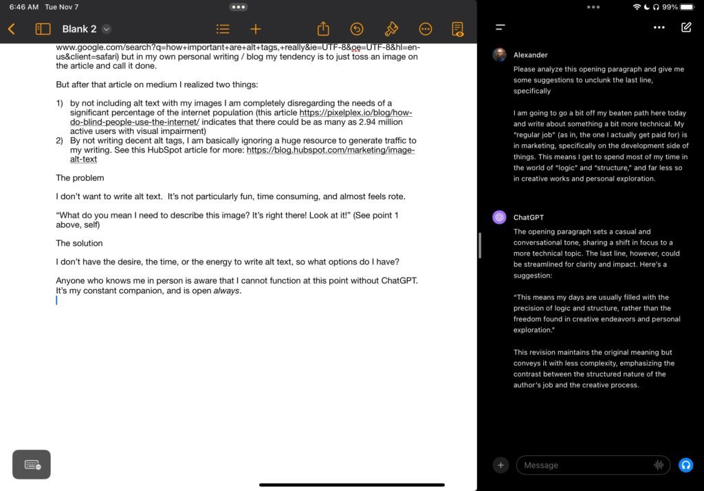 Screenshot of a digital note-taking app displaying a draft article discussing the underappreciated value of alt text in online content. This image is being used as a proof that the author doesn't just take content from ChatGPT directly as a final product. The article introspects the author's realization of alt text's importance for SEO and web accessibility, with a candid admission of their previous oversight. It highlights a solution using ChatGPT for generating alt text efficiently, reflecting a blend of personal insight and practical AI application in content creation.