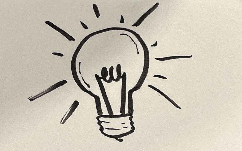 Illustration of a light bulb with uneven, hand-drawn lines, representing the concept of 'overcoming perfectionism' and embracing imperfection